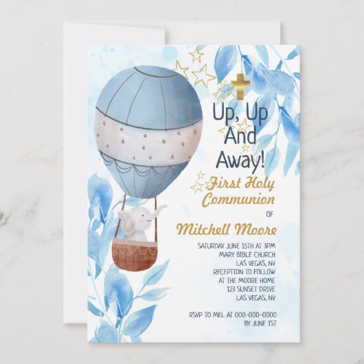 Invitation Premier Saint Communion Garçon Hot Air Balloon Ele (Devant)