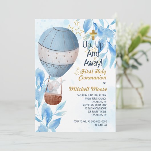 Invitation Premier Saint Communion Garçon Hot Air Balloon Ele (Debout devant)