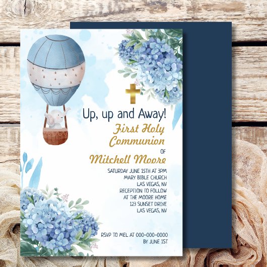 Invitation Premier Saint Communion Garçon Hot Air Balloon Ele