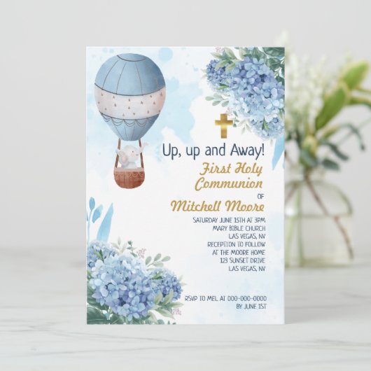 Invitation Premier Saint Communion Garçon Hot Air Balloon Ele (Debout devant)