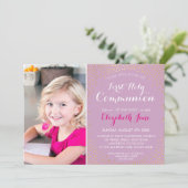 Invitation PREMIER SAINT COMMUNION mini confetti d'or violet (Debout devant)