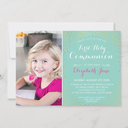 Invitation PREMIER SAINT COMMUNION mini confetti menthe d'or (Devant)