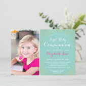 Invitation PREMIER SAINT COMMUNION mini confetti menthe d'or (Debout devant)