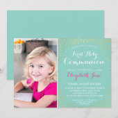 Invitation PREMIER SAINT COMMUNION mini confetti menthe d'or (Devant / Derrière)