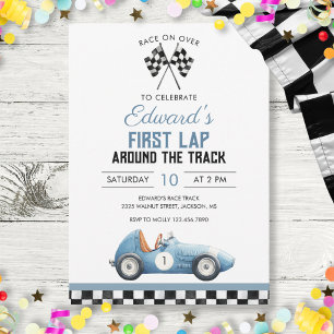 Invitation Premier Tour Voiture de Course Bleue 1er Anniversa