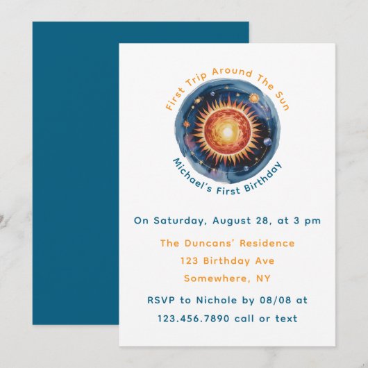 Invitation Premier Voyage Autour Du Soleil 1Er Anniversaire (Devant / Derrière)