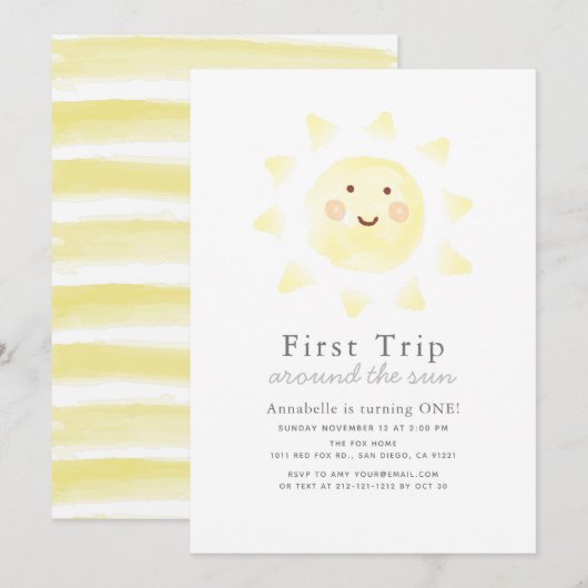 Invitation Premier Voyage Autour Du Soleil 1Er Anniversaire (Devant / Derrière)