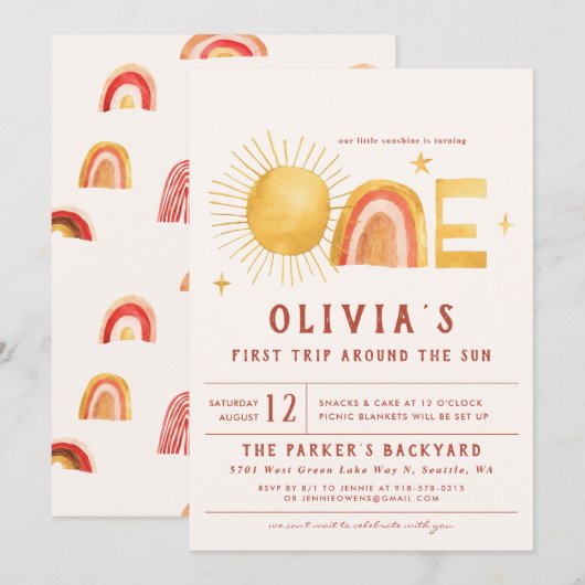 Invitation Premier Voyage Autour Du Soleil | 1er anniversaire (Devant / Derrière)