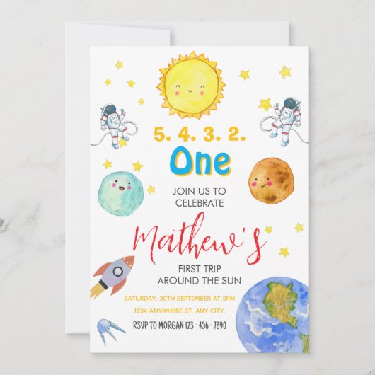 Invitation Premier Voyage Autour Du Soleil 1Er Anniversaire (Devant)
