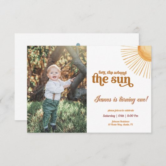 Invitation Premier voyage autour du soleil 1er anniversaire P (Devant / Derrière)