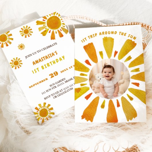 Invitation Premier voyage autour du soleil photo anniversaire