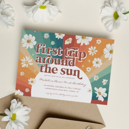 Invitation Premier voyage autour du soleil | Retro Daisy Rain
