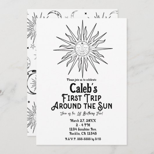 Invitation Premier voyage en noir et blanc autour du soleil 1 (Devant / Derrière)