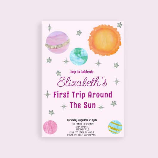 Invitation Premier Voyage Rose Autour Du Soleil Girl 1er Anni