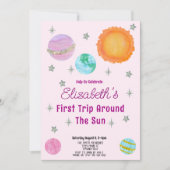 Invitation Premier Voyage Rose Autour Du Soleil Girl 1er Anni (Devant)