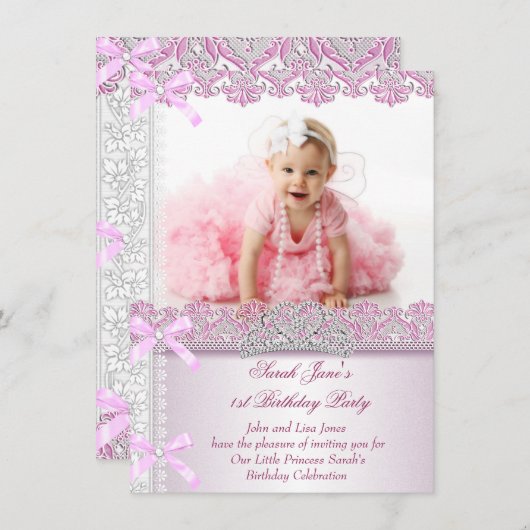 Invitation Première 1ère fête d'anniversaire Filles Princesse (Devant / Derrière)