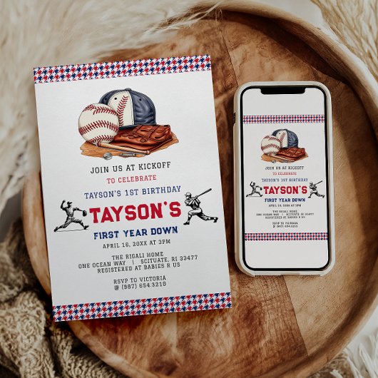 Invitation Première année de baseball bas 1ère fête d'anniver