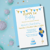 Invitation Première année de bébé garçon ballons bleus et or 