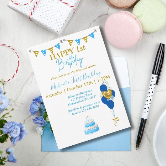 Invitation Première année de bébé garçon ballons bleus et or 