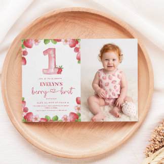Invitation Première année de Berry Fille Photo bébé aquarelle