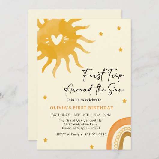 Invitation Première année de Boho Baby autour du Soleil (Devant / Derrière)