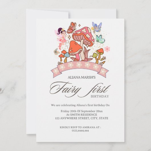 Invitation Première année de fée mignon champignon aquarelle (Devant)