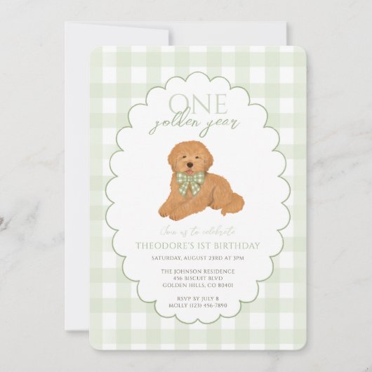 Invitation Première année dorée de Gingham Vert pour un chiot (Devant)