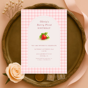 Invitation Première année Fraise Gingham Berry