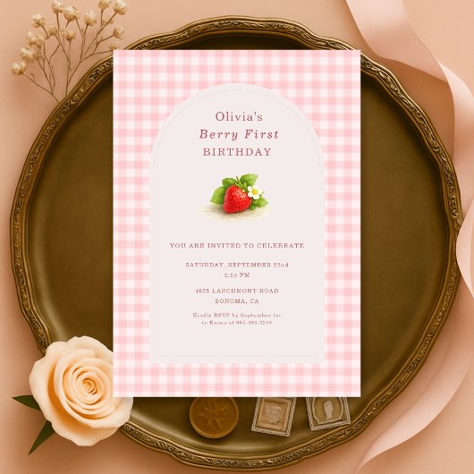 Invitation Première année Fraise Gingham Berry