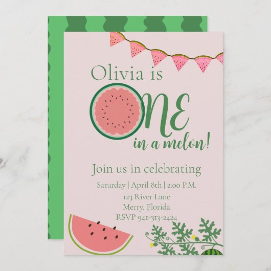 Invitation Première anniversaire du thème de la pastèque (Devant / Derrière)