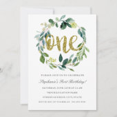 Invitation Première Anniversaire Gold Green Floral Wreath Inv (Devant)