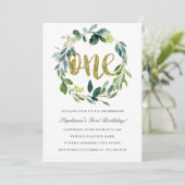 Invitation Première Anniversaire Gold Green Floral Wreath Inv (Debout devant)