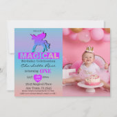 Invitation Première Anniversaire Magique Unicorne Rose Bleu (Devant)
