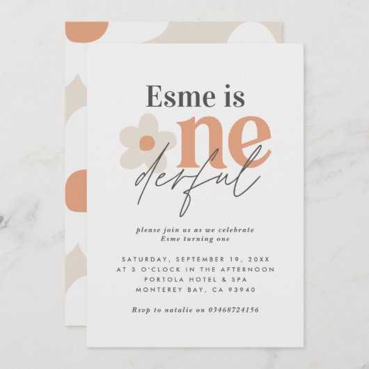 Invitation Première anniversaire marguerite boho rétro terrac (Devant / Derrière)