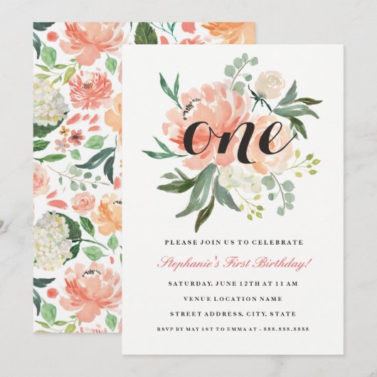 Invitation Première Anniversaire Peach Rose Floral One Invita (Devant / Derrière)