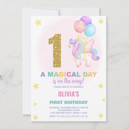 Invitation Première Anniversaire Unicorne Anniversaire Invita (Devant)