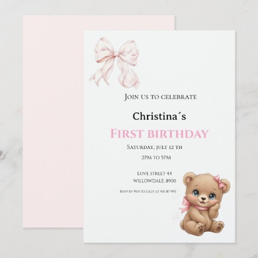 Invitation Première bougie pour bébé fille (Devant / Derrière)