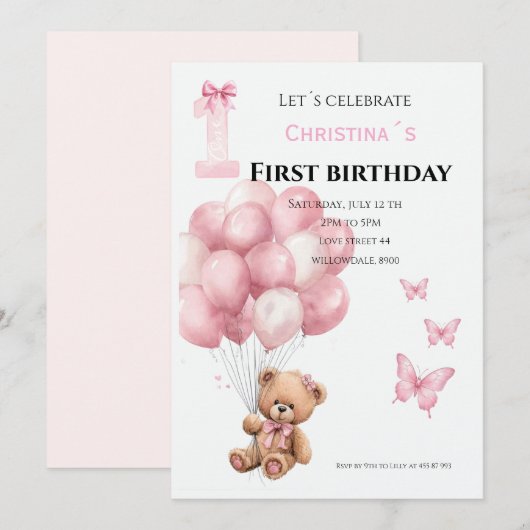 Invitation Première bougie pour bébé fille (Devant / Derrière)