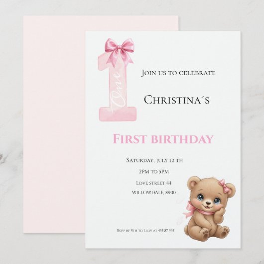 Invitation Première bougie pour bébé fille (Devant / Derrière)