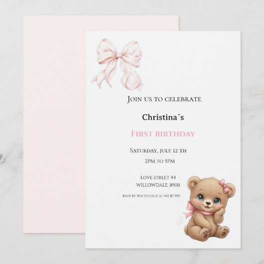 Invitation Première bougie pour bébé fille (Devant / Derrière)