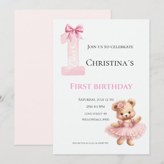 Invitation Première bougie pour bébé fille (Devant / Derrière)
