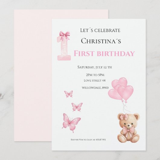 Invitation Première bougie pour bébé fille (Devant / Derrière)
