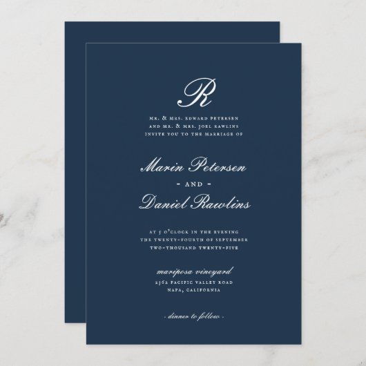 Invitation Première Classique Élégant Nom Lettre Mariage (Devant / Derrière)