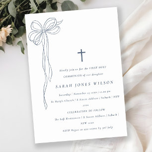 Invitation Première communion à nœud papillon coquette bleu f