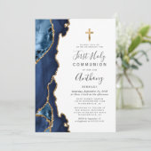 Invitation Première communion Agate Géode Bleu Paillettes Or (Debout devant)