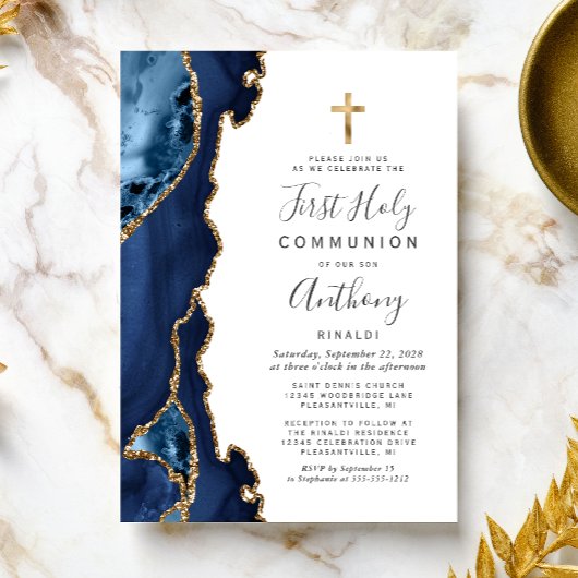 Invitation Première communion Agate Géode Bleu Paillettes Or