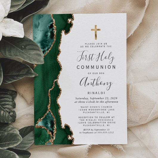 Invitation Première communion Agate Géode Vert Or