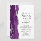 Invitation Première communion agate violette paillettes d'arg (Devant)