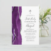 Invitation Première communion agate violette paillettes d'arg (Debout devant)