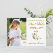 Invitation Première Communion Aquarelle Blanc Floral Photo (Debout devant)